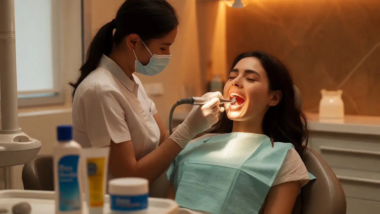 Dentální hygienistka odstraňuje zubní kámen ultrazvukem