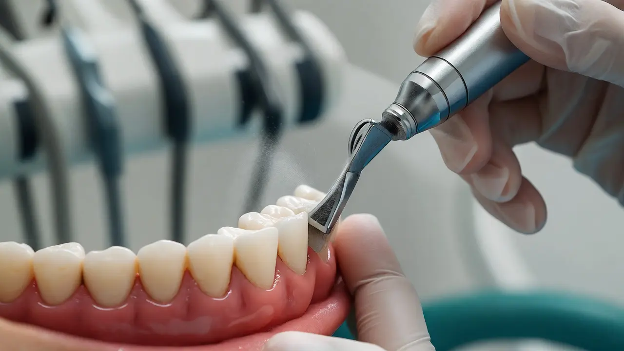 Dentální hygienistka odstraňuje zubní kámen ultrazvukem