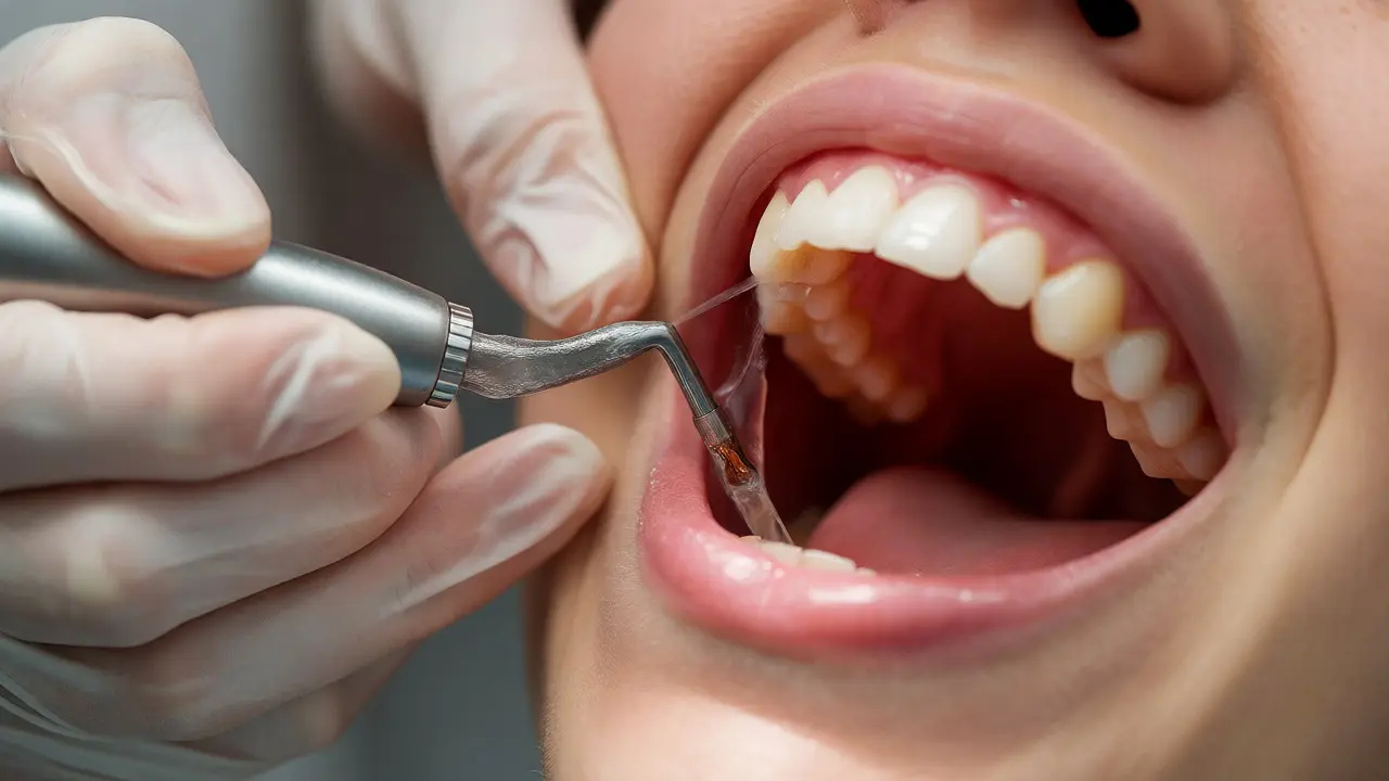 Dentální hygienistka odstraňuje zubní kámen ultrazvukem při ošetření kořenů.