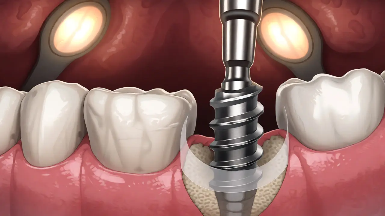 Ilustrace chirurgického zákroku s kostní augmentací kolem implantátu v čelisti.