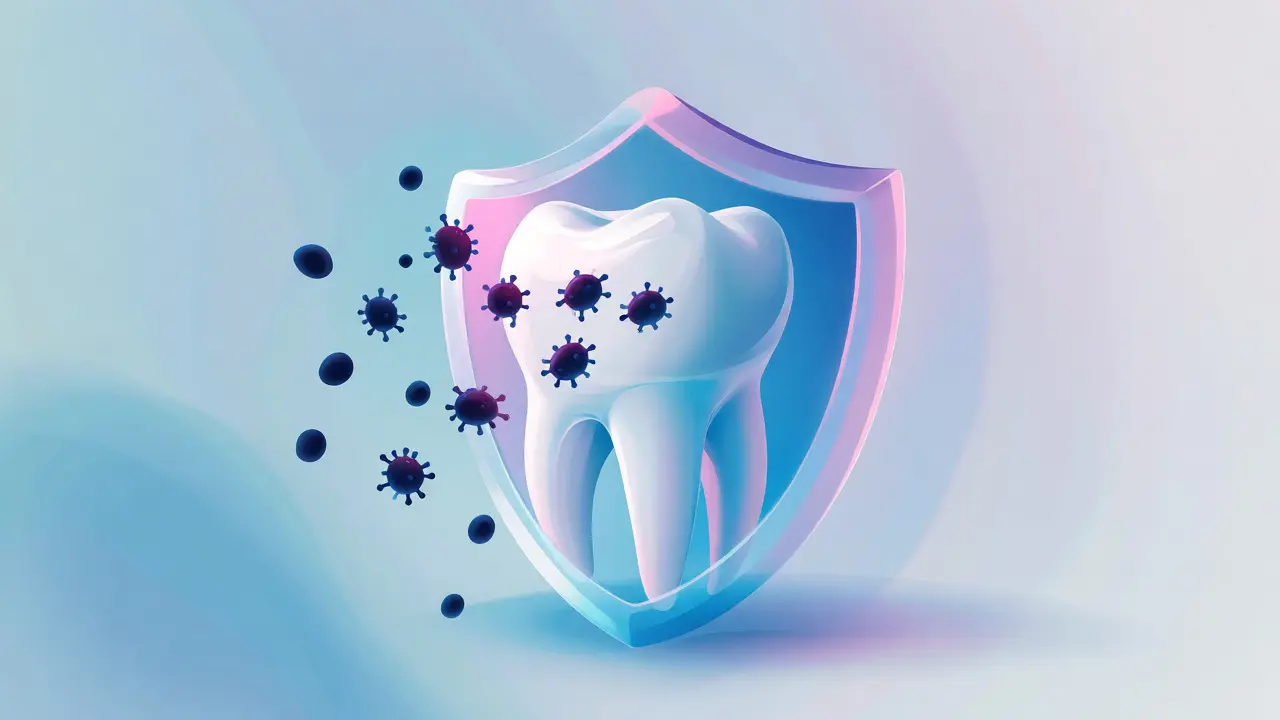 Ilustrace ochranného štítu fluoridu chránícího zub před bakteriemi