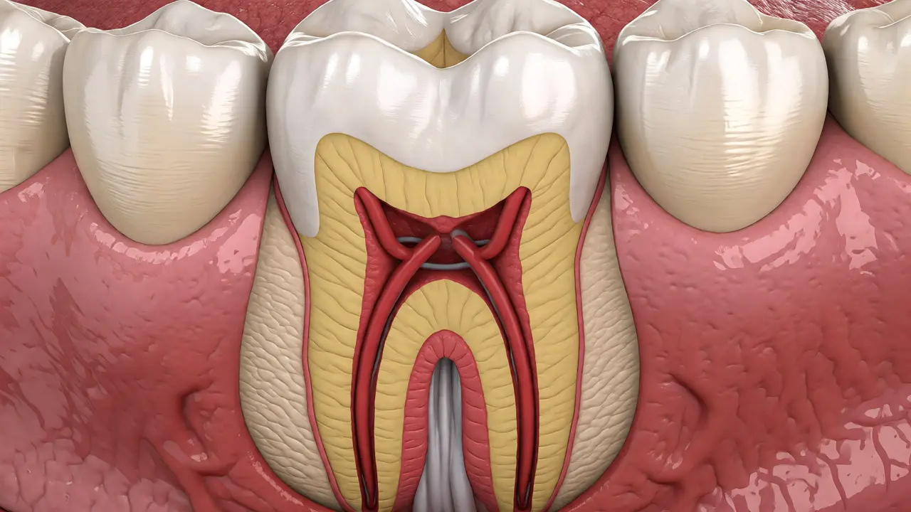 Průřez zubem ukazující vrstvy skloviny, dentinu a dřeně v kosti čelisti.