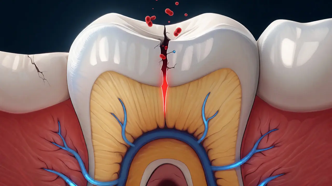 Řez zubem ukazující prasklinu pronikající do citlivého dentinu